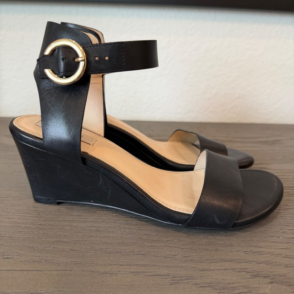 Cole Haan Grand Black Leather Ankle Strap Wedge Sandals Gold Buckle Sz 5.5 Work
